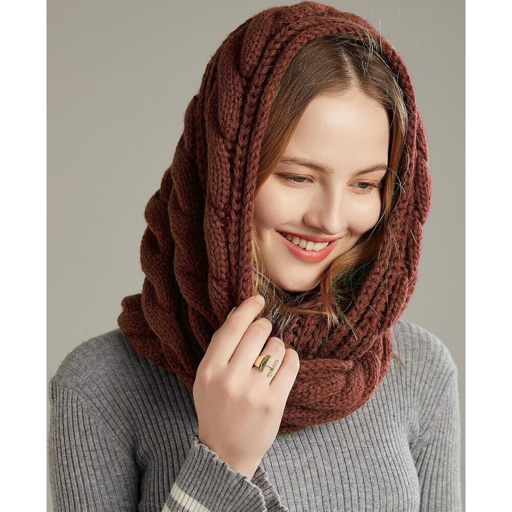 Women's Twist Brown Thick Ribbed Knit Winter Infinity Circle Loop Scarf - Picture 6 of 6